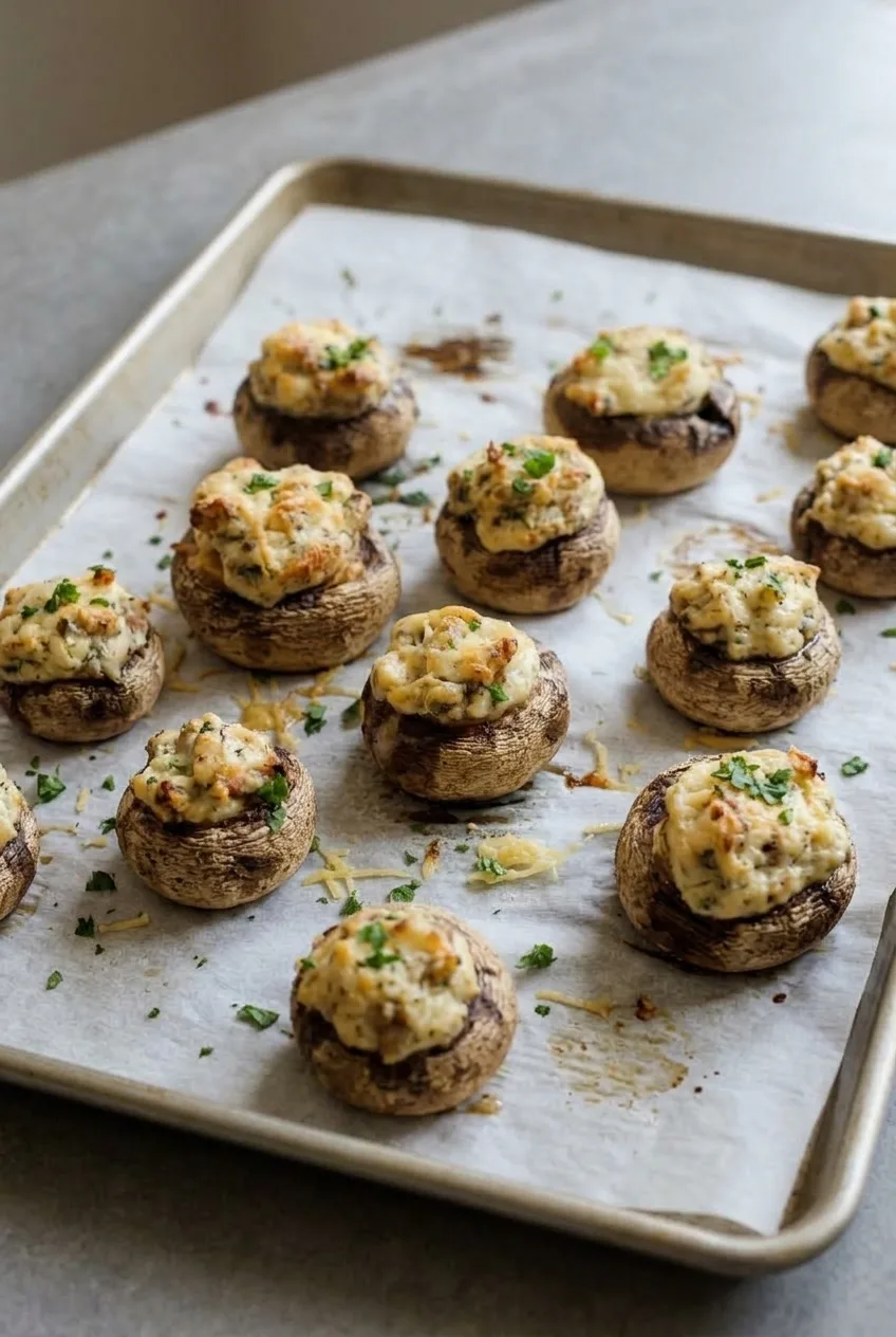 Wider view of cream cheese stuffed mushrooms spaced across a parchment-lined baking sheet