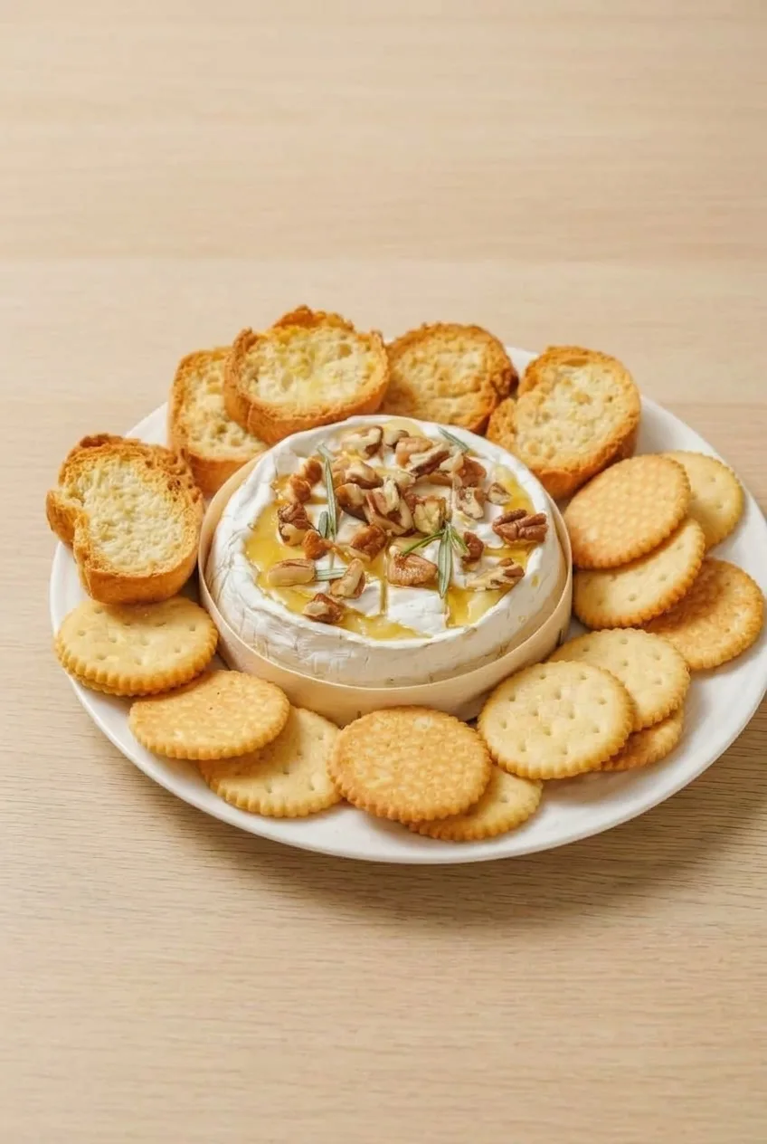 White platter of baked Brie with honey and pecans, crostini behind it and round crackers around the front