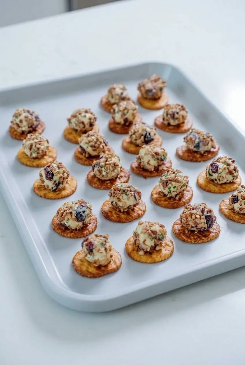 Full tray of individual cranberry pecan cheese ball bites on round crackers