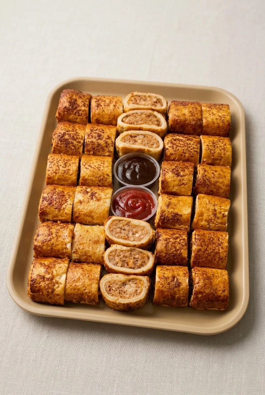 Full tray of mini sausage rolls arranged around two dipping sauces on a pale countertop