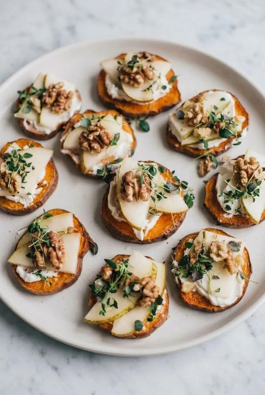 Full platter of sweet potato crostini with pear, goat cheese, walnuts, and greens
