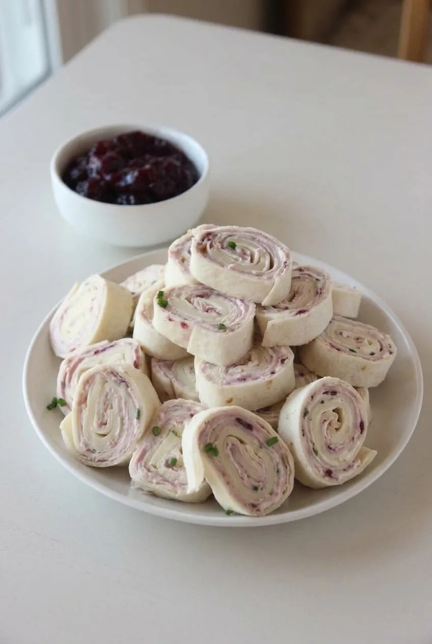 Full platter of turkey and cranberry pinwheels with a small bowl of sauce on a light tabletop