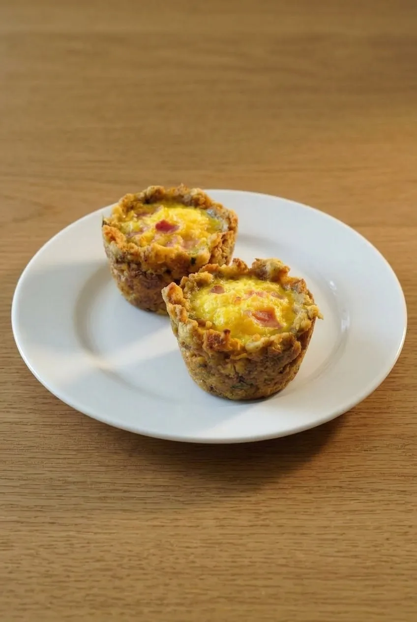 Two whole Mini Stuffing Muffins on a white plate with the tabletop visible around them