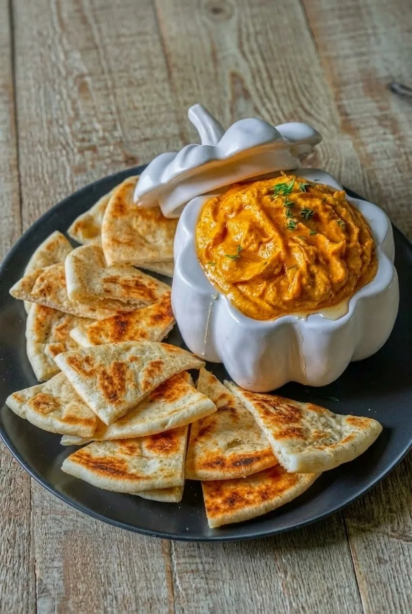 White pumpkin bowl of whipped feta dip surrounded by toasted pita on a dark plate over a wooden table