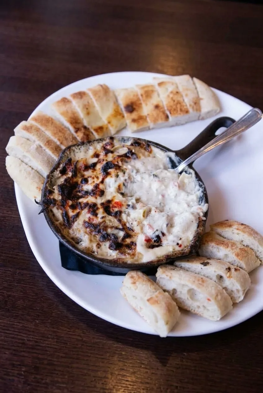 Dark skillet of warm crab dip on a white plate surrounded by toasted baguette slices
