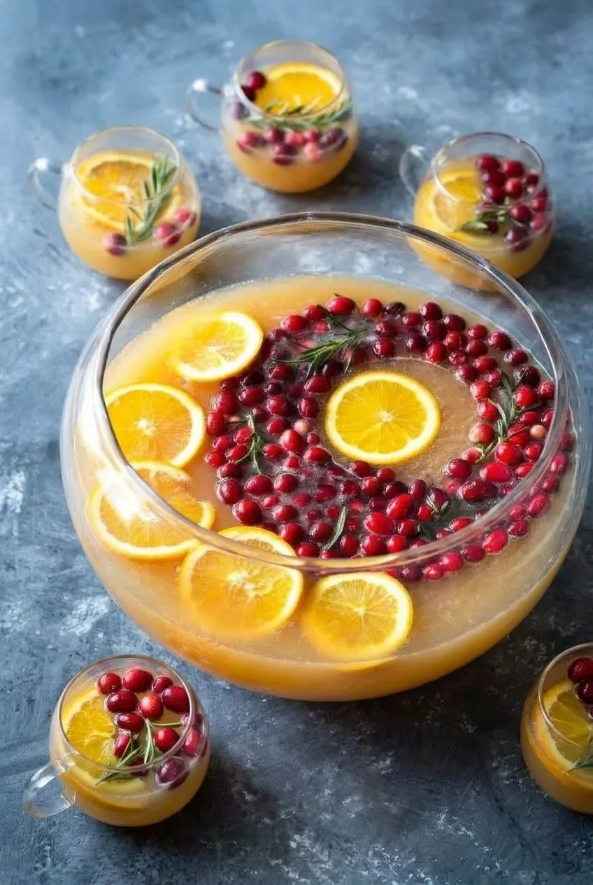 Full bowl of cranberry orange punch with matching garnished glasses on a blue-gray tabletop