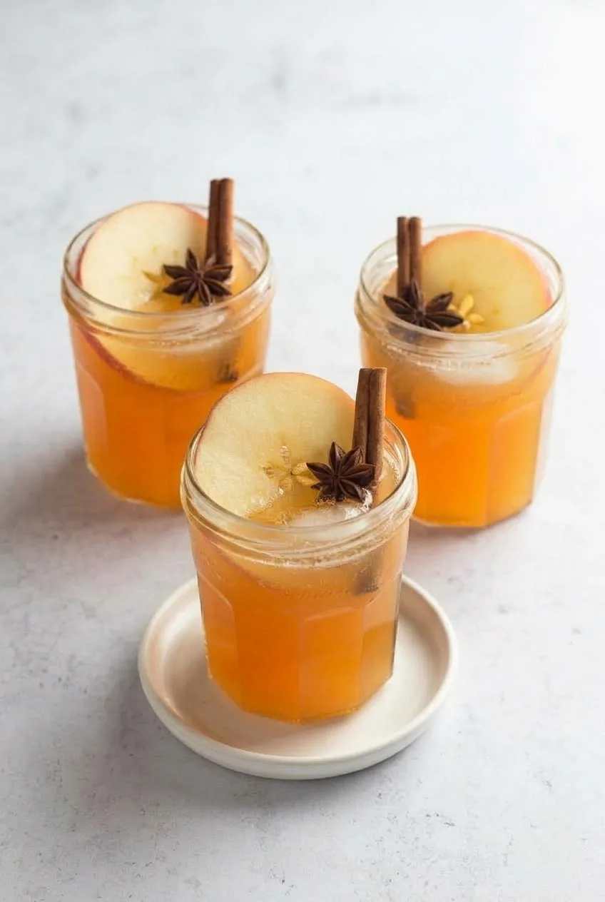 Three garnished glasses of sparkling apple cider punch on a light tabletop