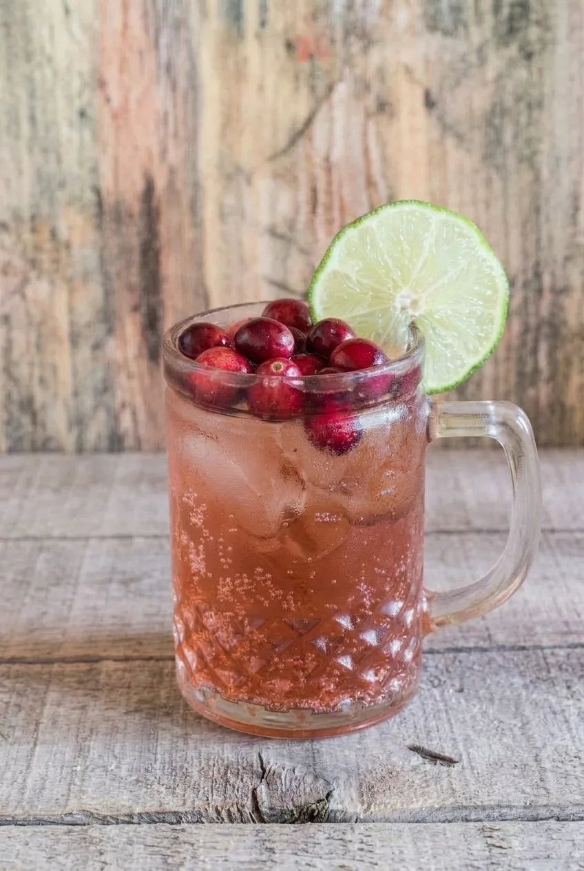 Complete Cranberry Moscow Mule in a clear glass mug on a rustic tabletop
