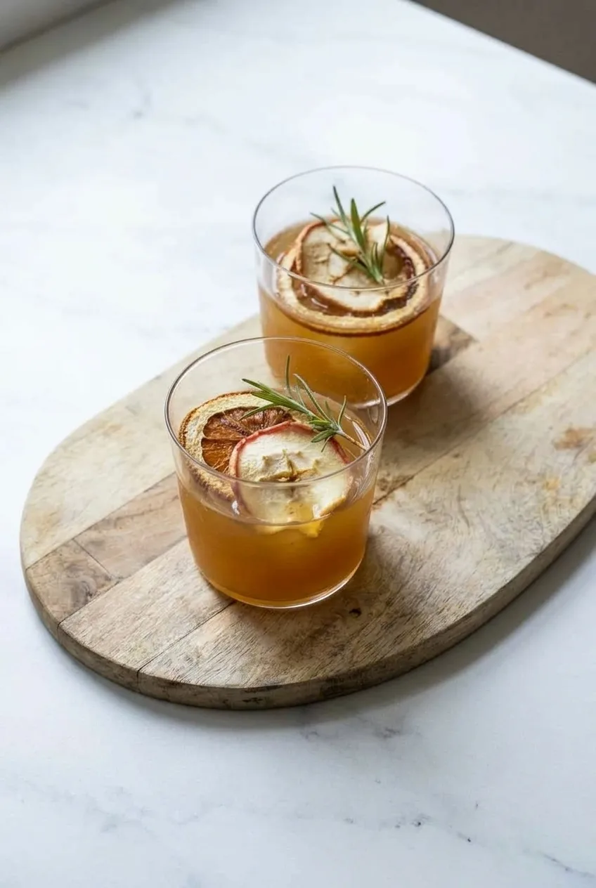 Two garnished apple cider bourbon cocktails on a wooden board with pale tabletop visible around them