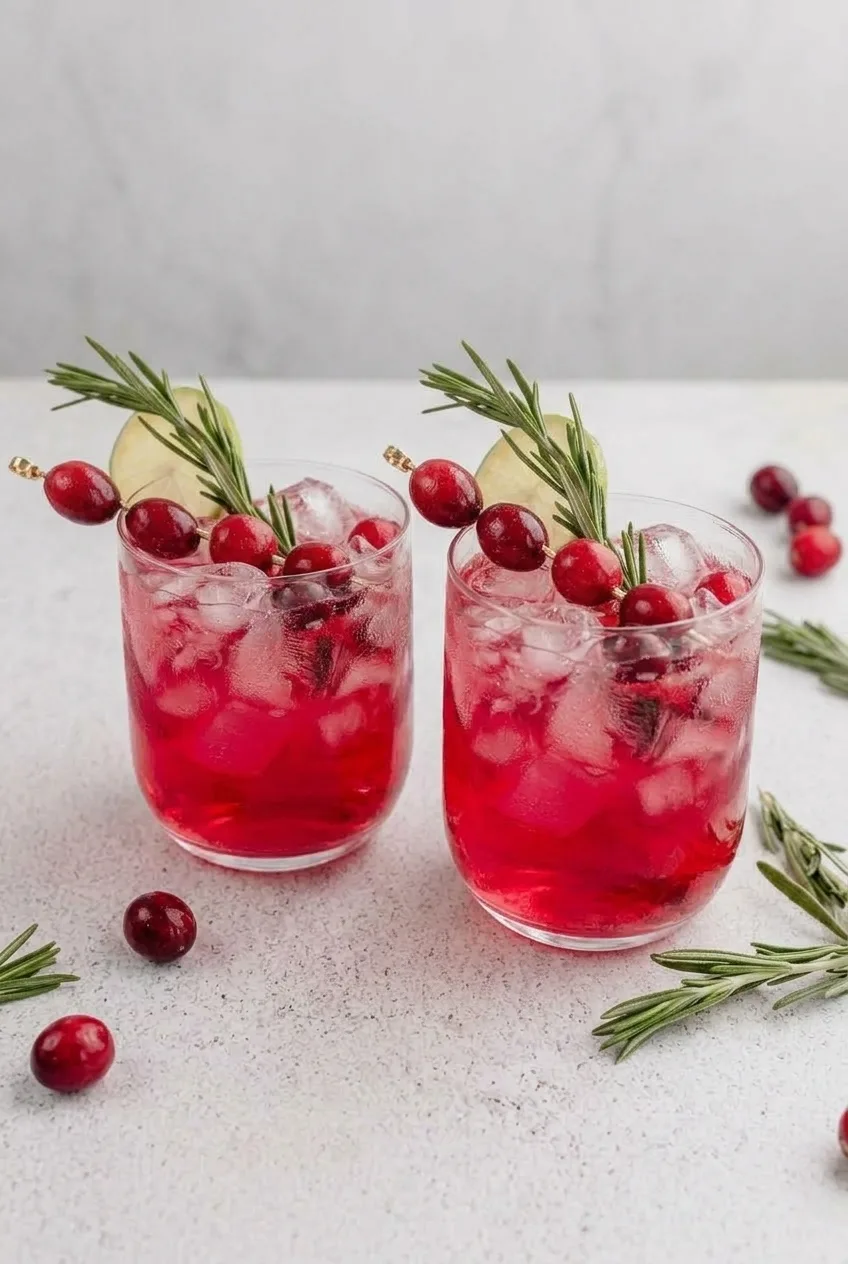 Two cranberry rosemary spritzers in rocks glasses on a light tabletop