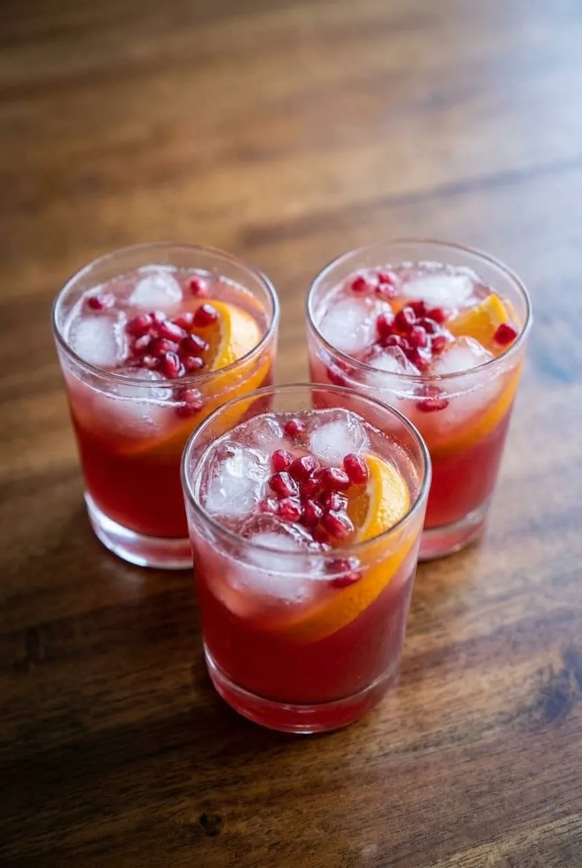 Several glasses of pomegranate Thanksgiving punch with ice, orange slices, and arils on a wooden table