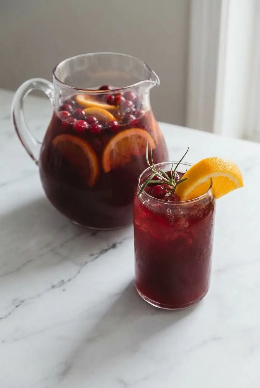 Glass and pitcher of cranberry punch with orange slices on a light stone countertop