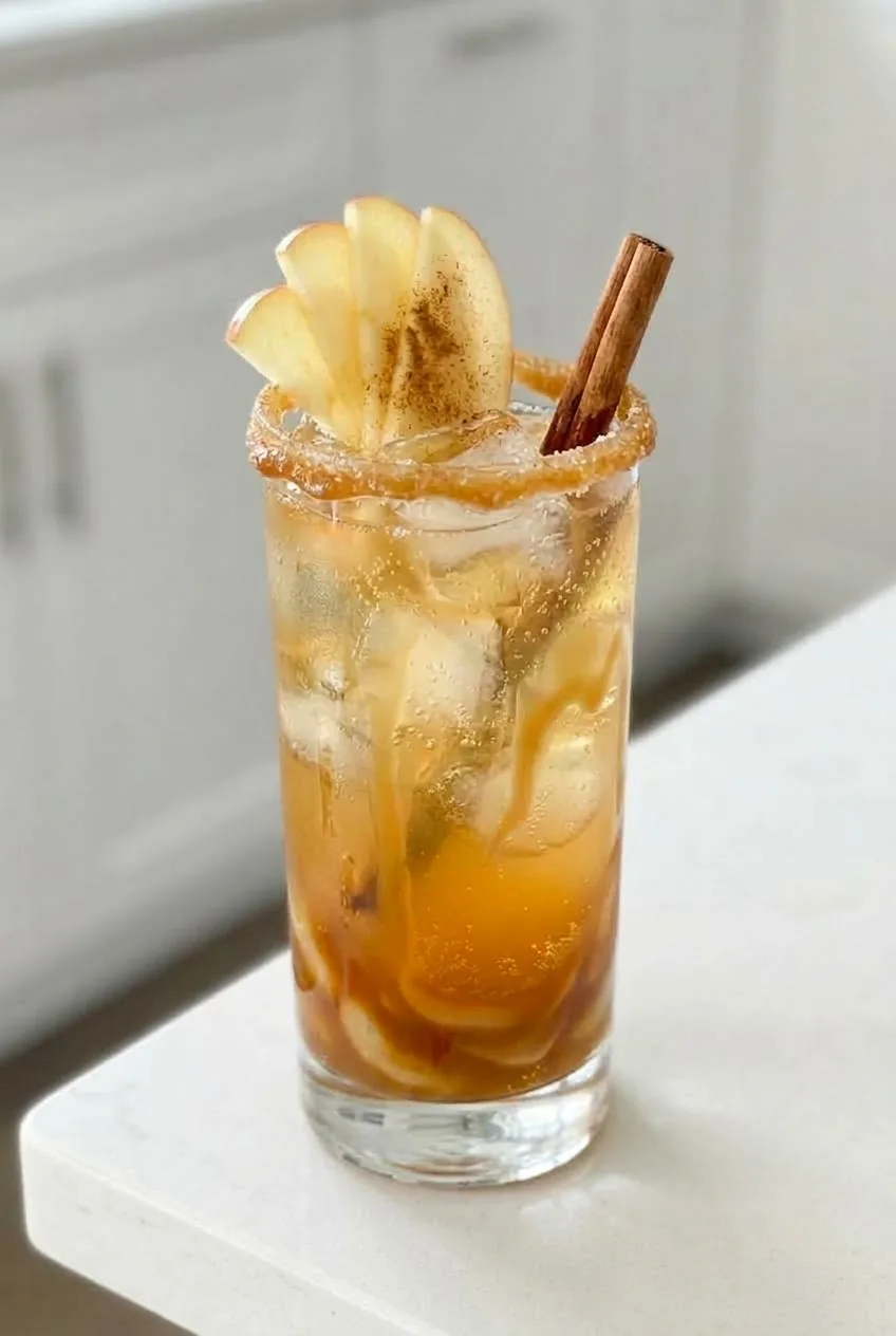 Tall caramel apple mocktail on a light kitchen counter, with its apple and cinnamon garnish visible