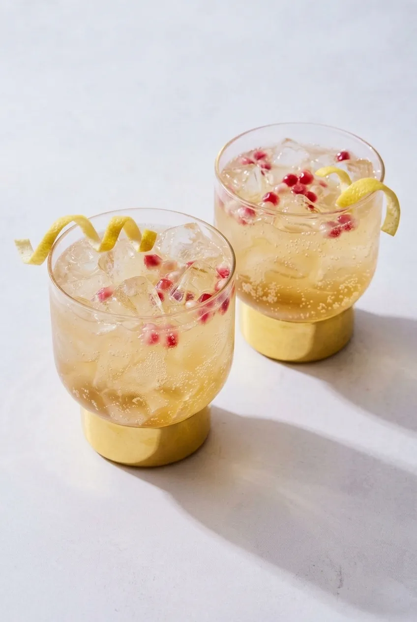 Two sparkling apple cider mocktails in short glasses on a pale tabletop