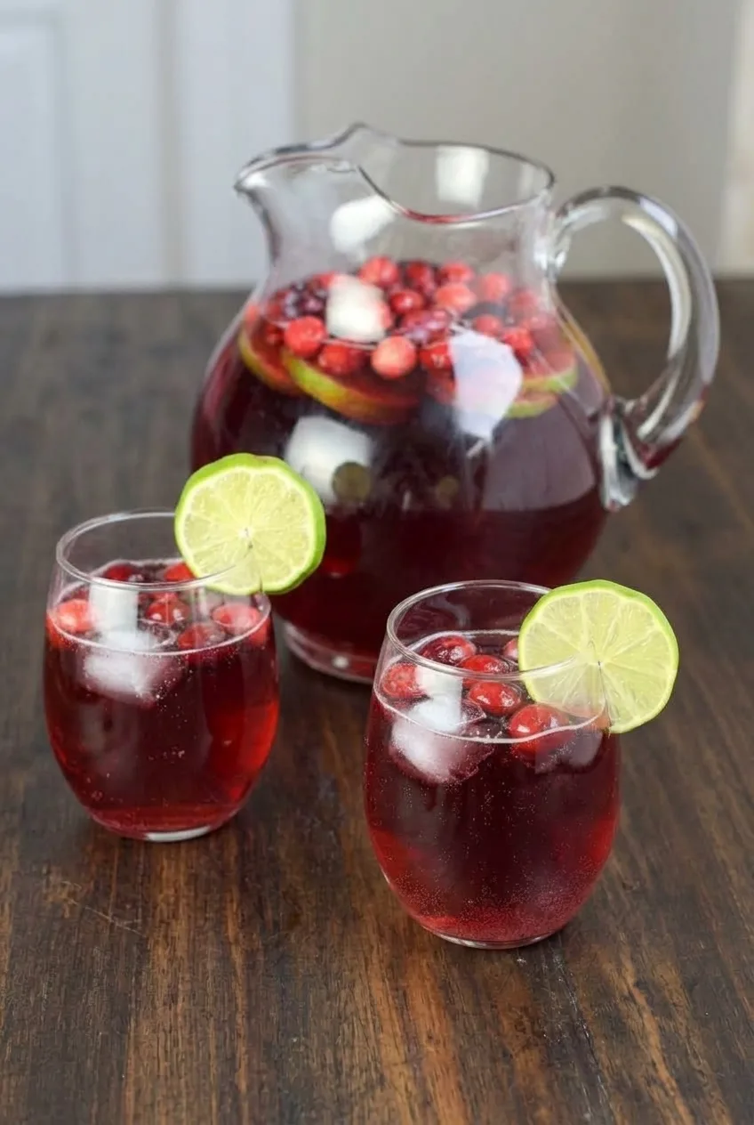 Pitcher of cranberry ginger ale punch with garnished glasses on a wooden table