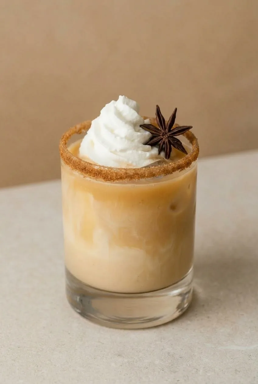 Complete Pumpkin Spice White Russian on a light countertop with its spiced rim and garnishes visible
