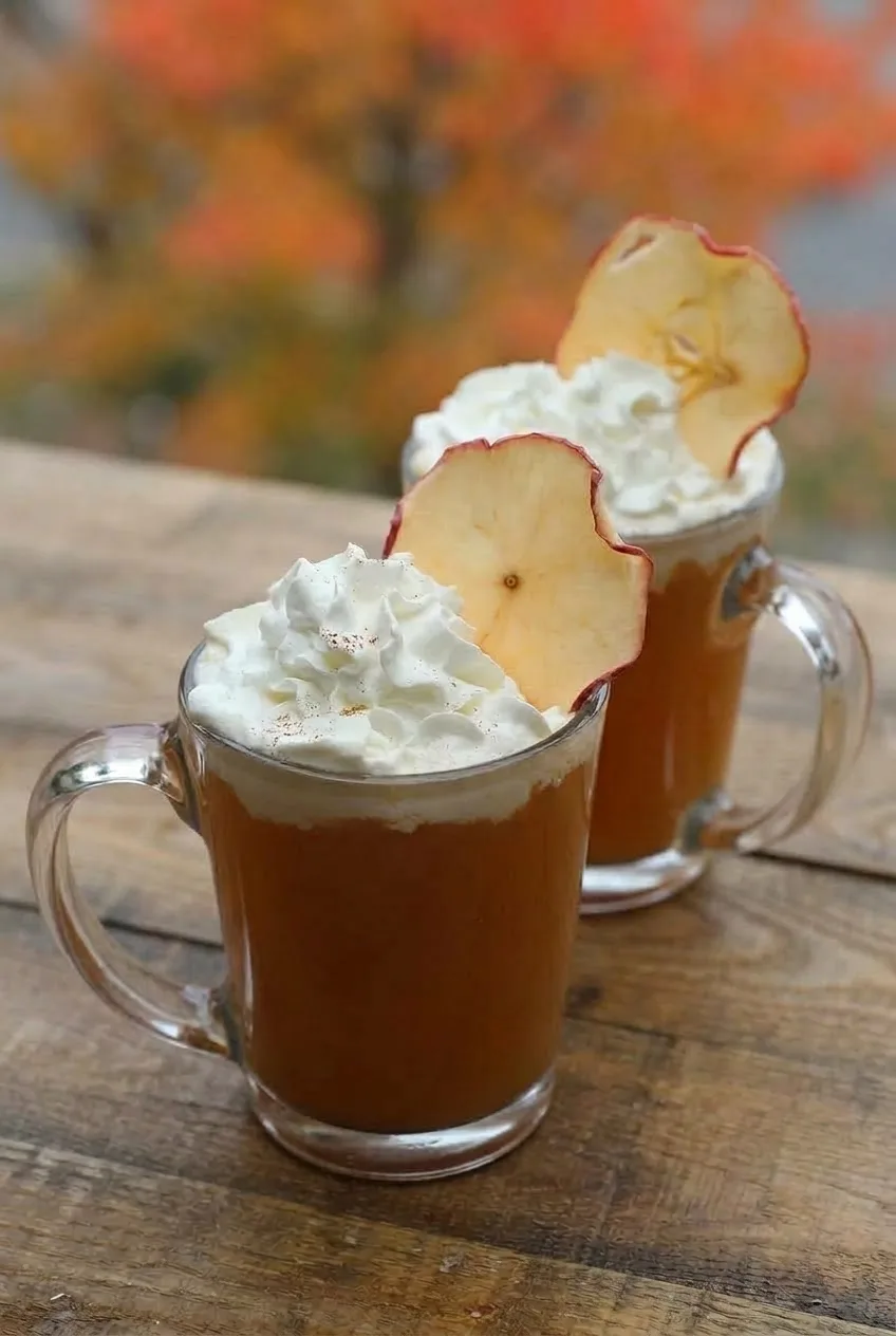 Two garnished mugs of hot spiced apple cider on a wooden table in a wider view