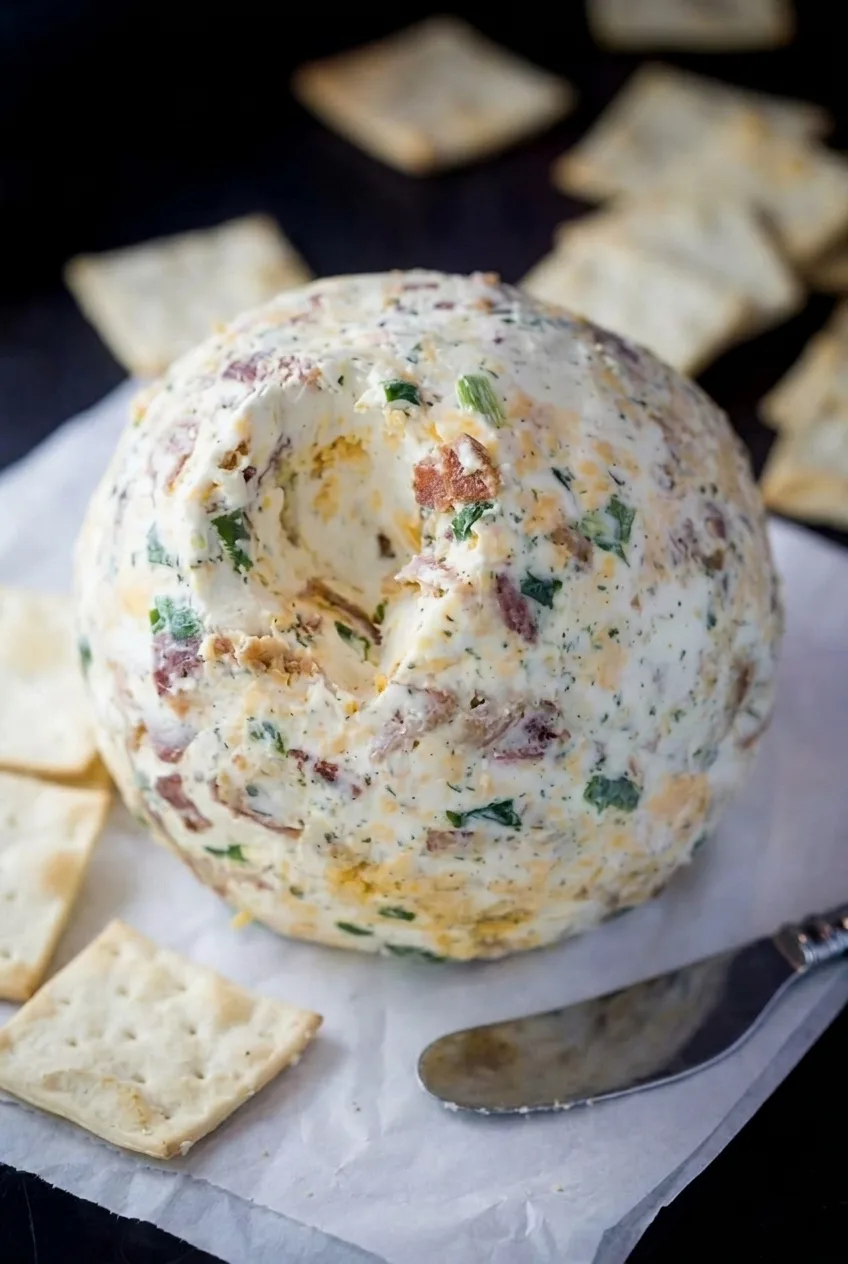 Whole bacon ranch cheese ball on parchment with crackers and a cheese spreader