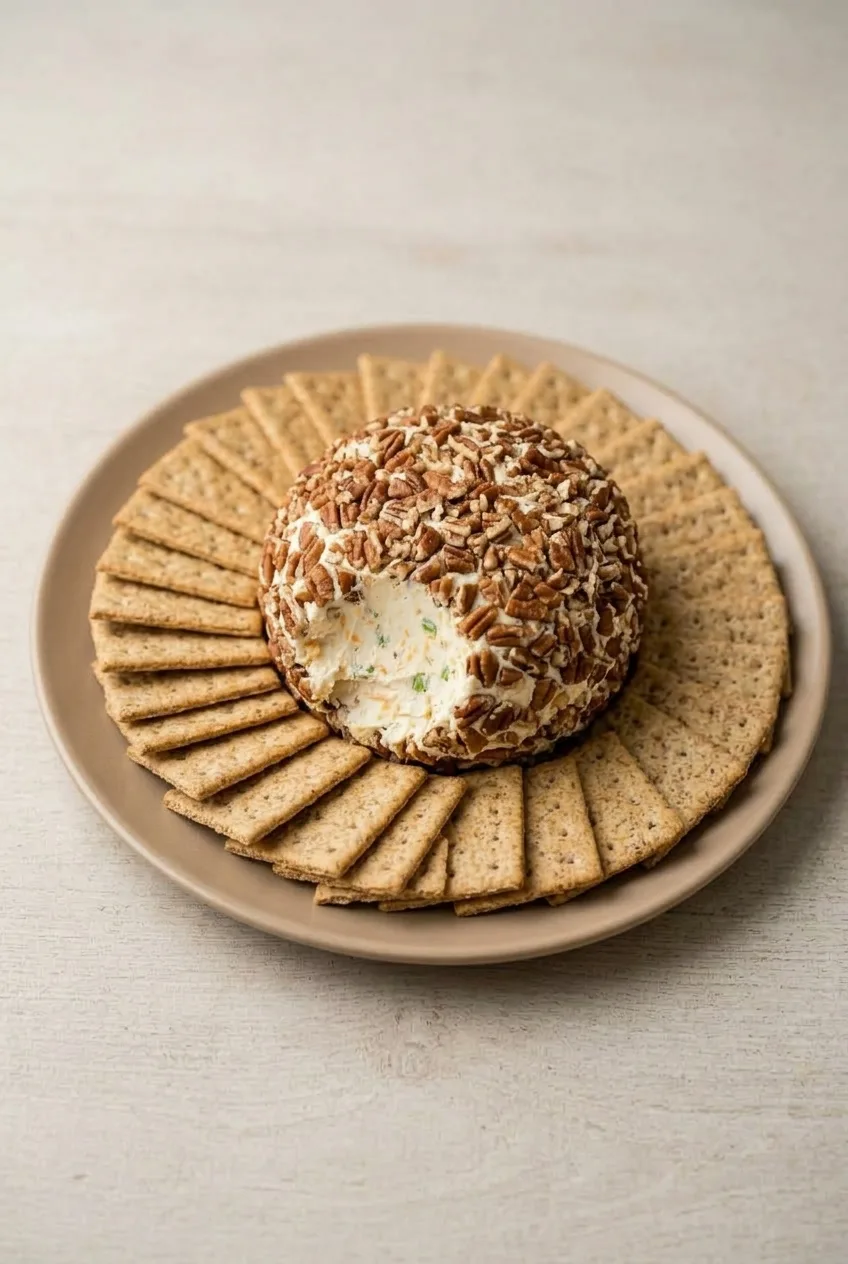 Full platter of pecan-coated cheese ball surrounded by a fan of savory crackers