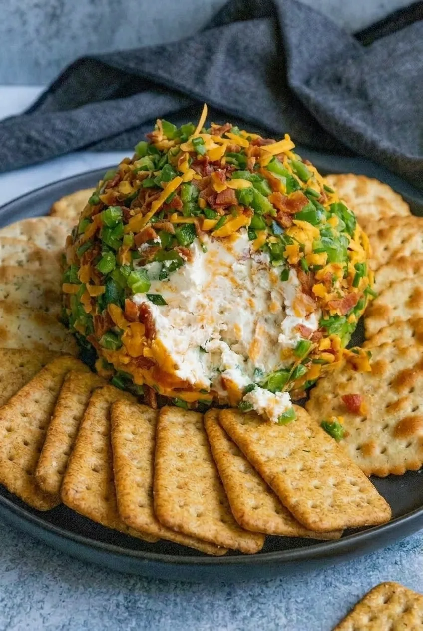 Full plate of jalapeño popper cheese ball with a visible scooped center and crackers arranged around it