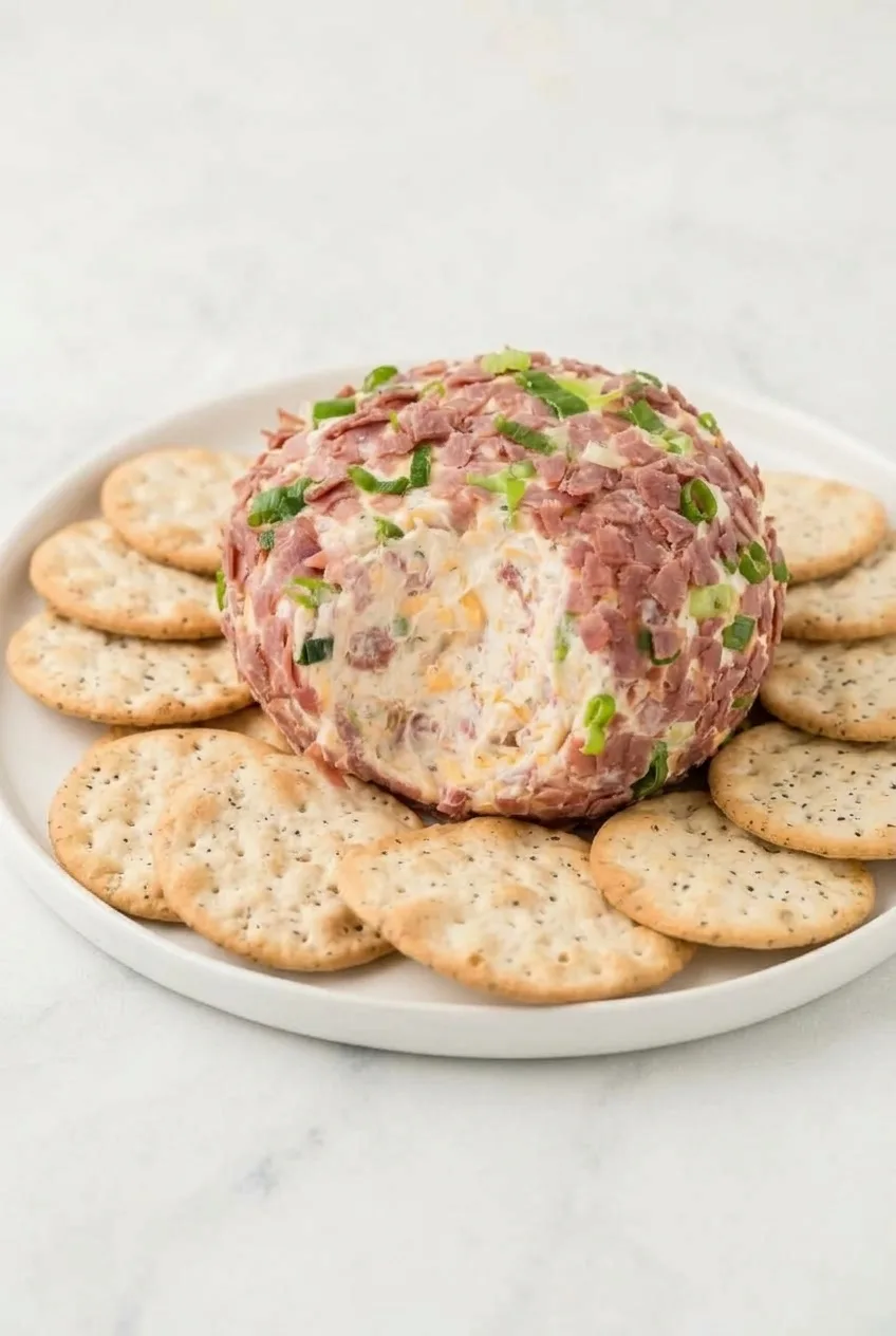Whole chipped beef cheese ball with an exposed center and crackers on a white serving plate