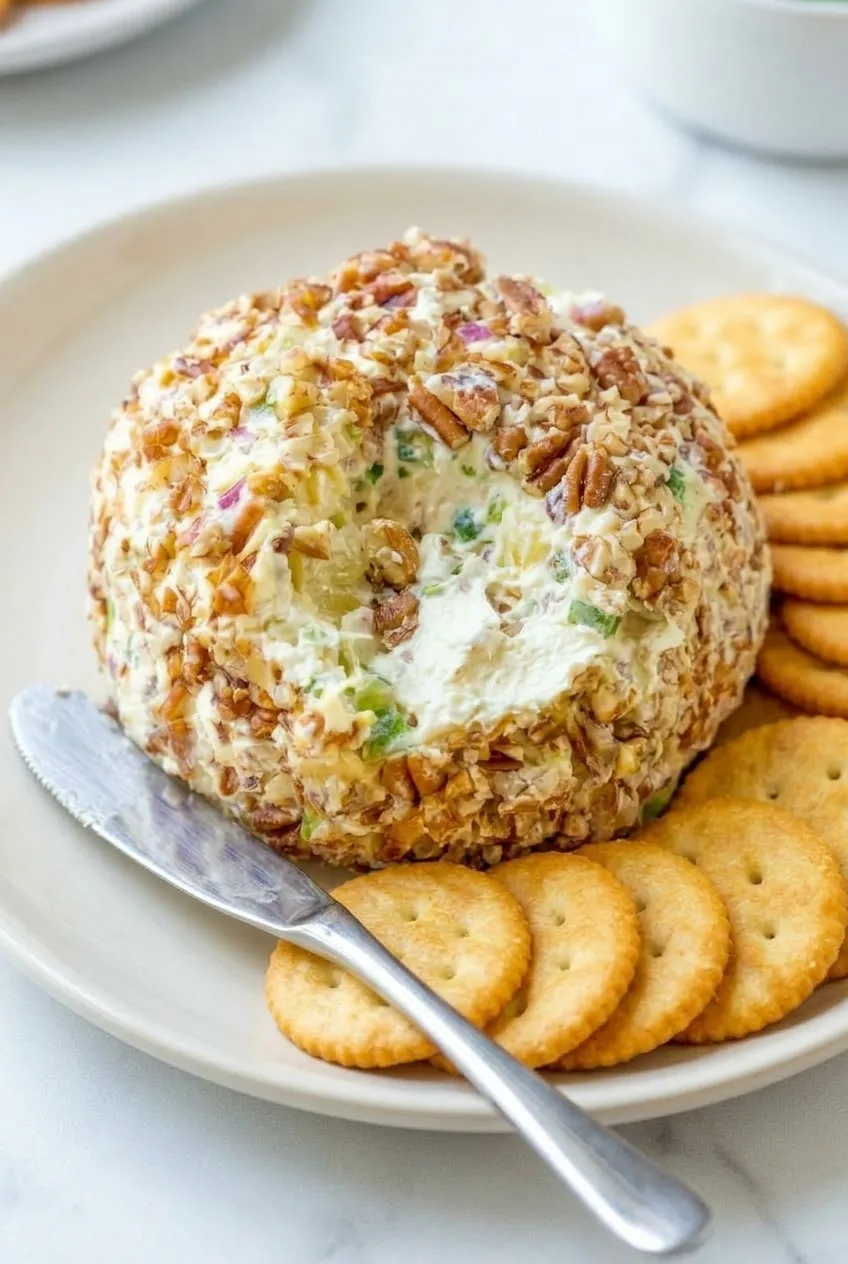 Complete pineapple cheese ball on a light plate with round crackers and a spreading knife