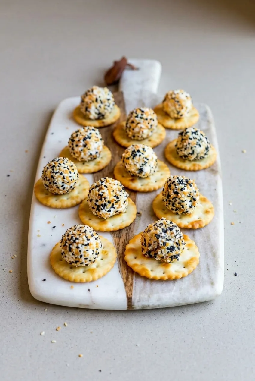 Wider view of several everything bagel cheese ball bites served individually on round crackers.