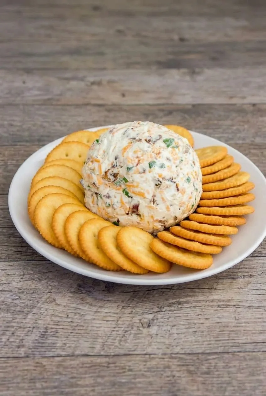 Full white platter of cheddar ranch cheese ball and overlapping round crackers on a wooden table