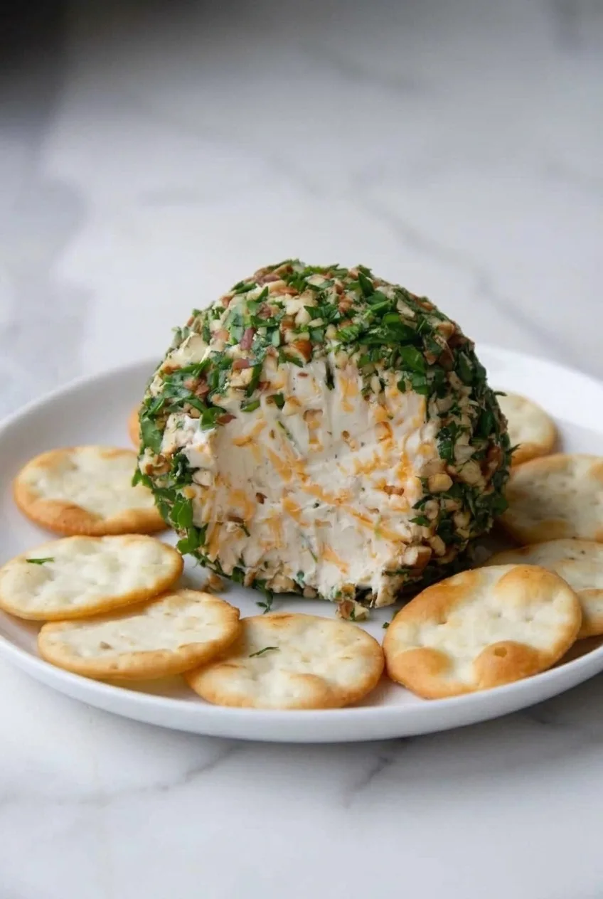 Full plate of garlic herb cheese ball with its opened front visible and crackers around it