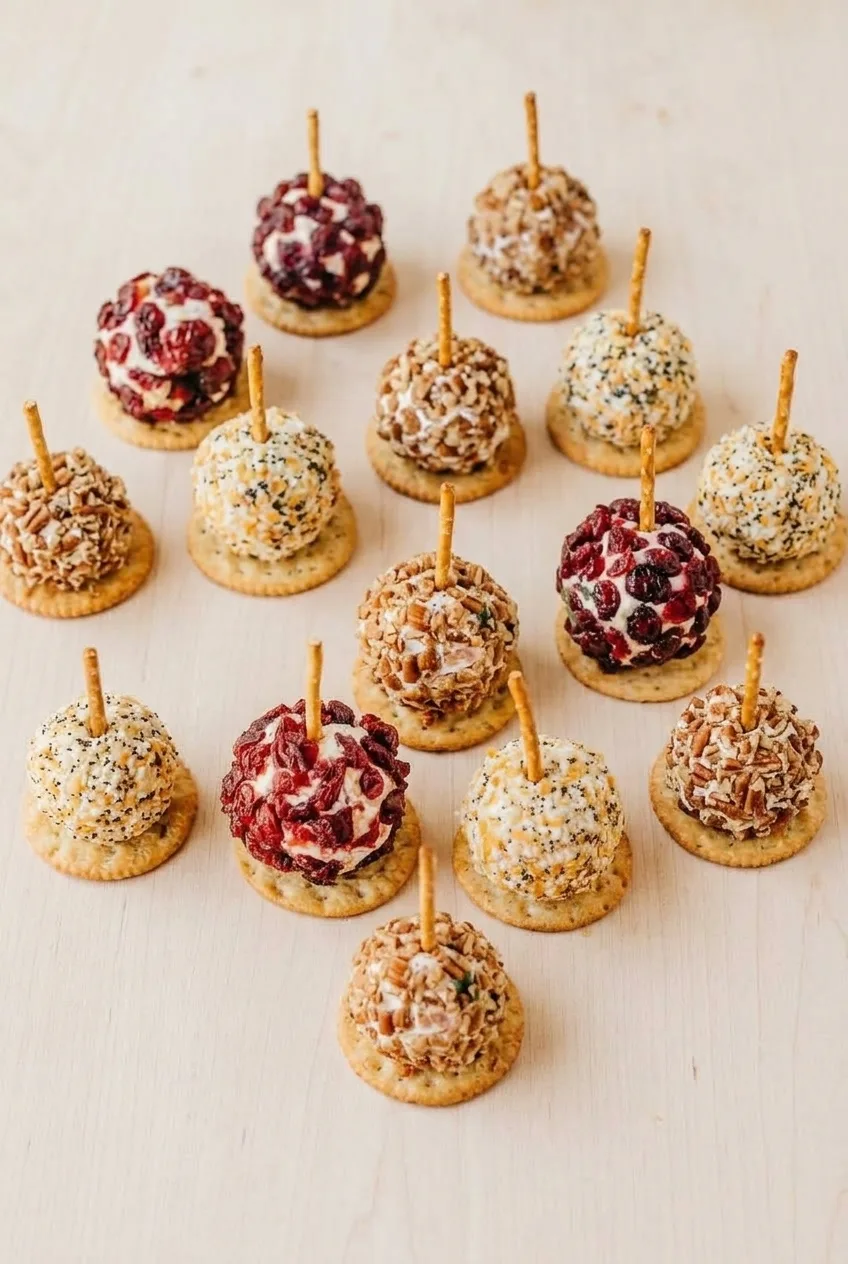 Wider view of mini cheese ball bites in three coatings arranged on individual crackers with upright pretzels
