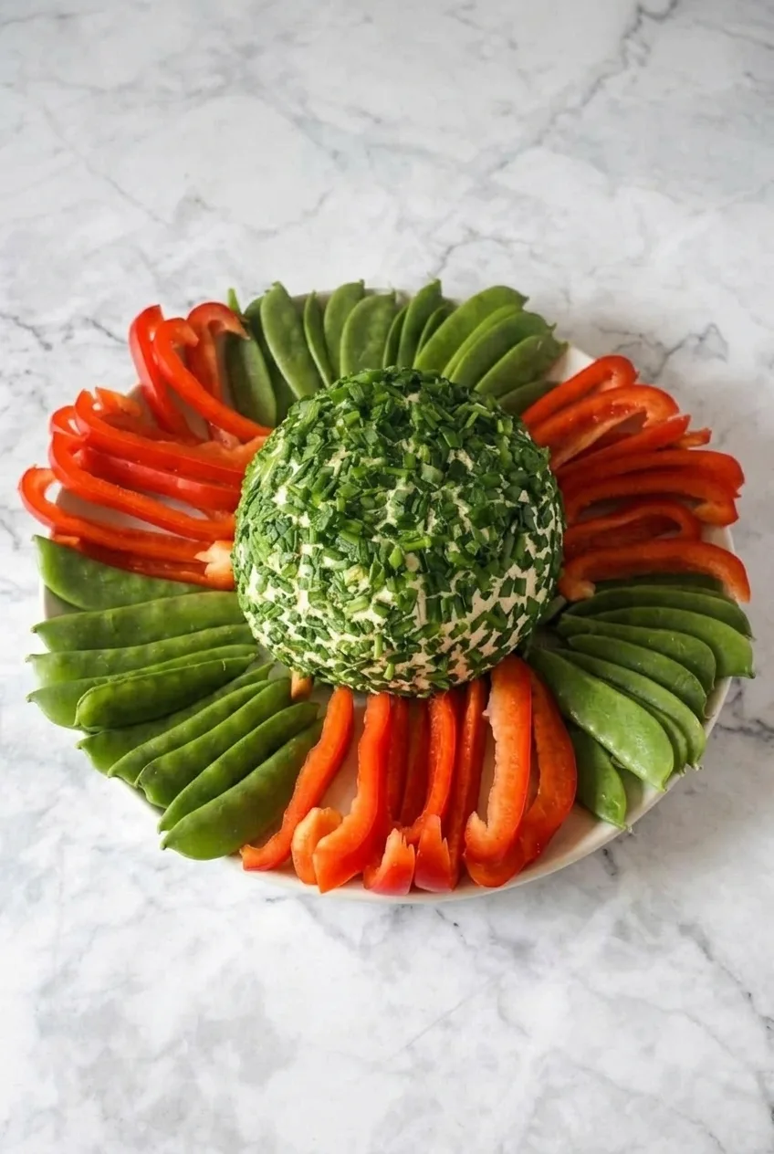 Full platter of green onion cheese ball, red pepper strips, and snap peas on a light countertop