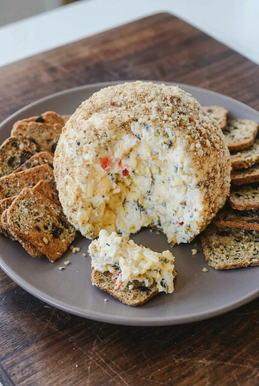 Whole walnut-coated cheese ball with an open front and crackers on a plate set on a wooden table