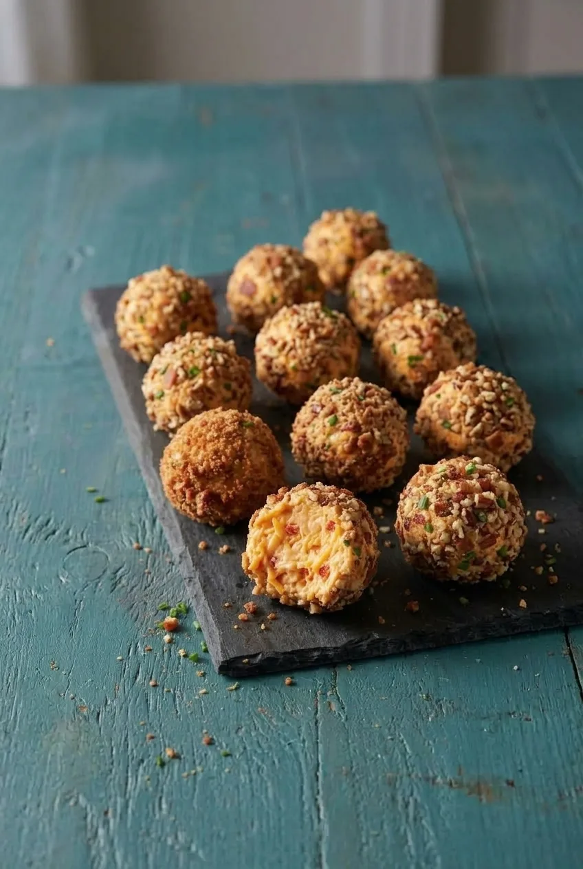 Wider view of mini pimento cheese balls clustered on a board over a teal tabletop