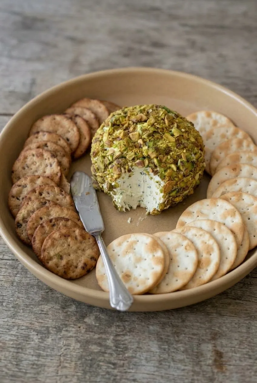 Full platter of pistachio-coated goat cheese ball and contrasting round crackers on a wooden table