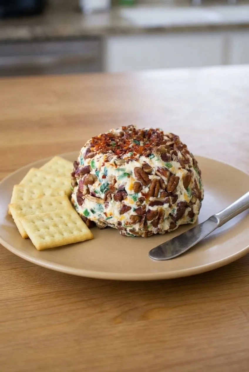 Complete bacon jalapeño cheese ball on a platter with crackers and a cheese spreader
