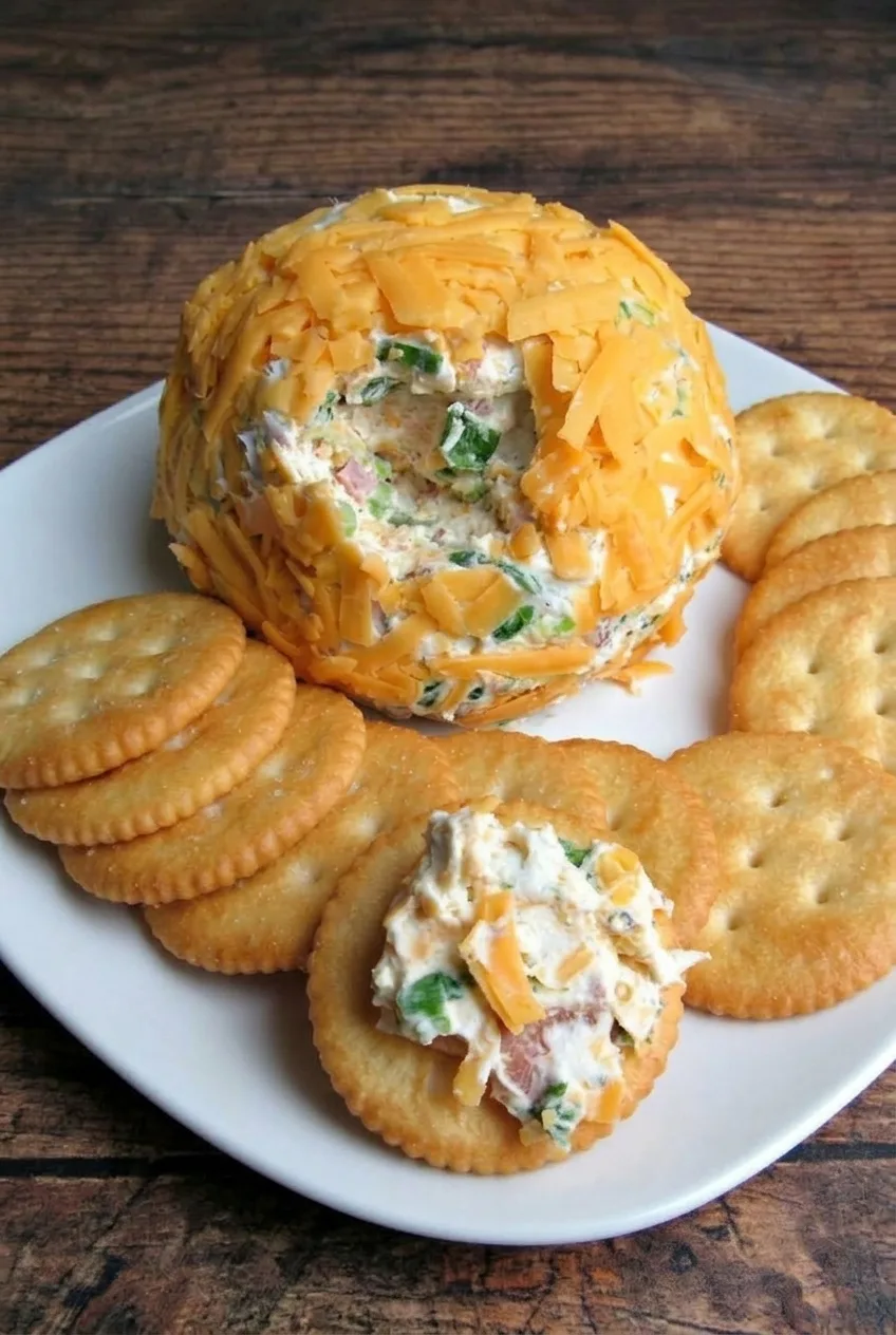 Full plate of ham and cheddar cheese ball with round crackers on a dark wood table