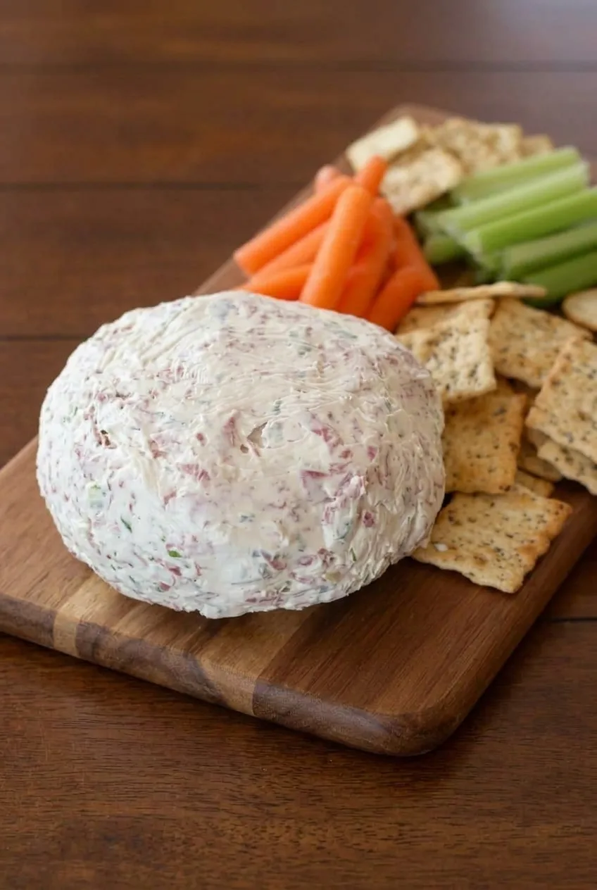 Wide view of a dried beef and green onion cheese ball with crackers and vegetable sticks on a board