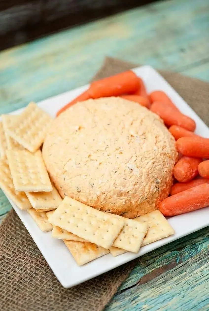 Complete plate of Buffalo chicken cheese ball, crackers, and baby carrots on a rustic tabletop
