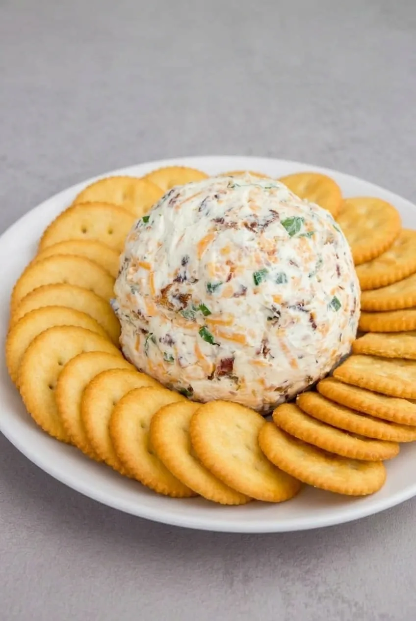 Complete platter of Everything Ranch Cheese Ball with crackers on a neutral tabletop
