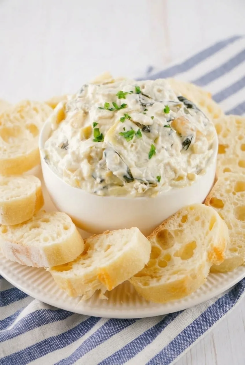 White bowl of spinach artichoke cheese surrounded by baguette slices on a serving plate