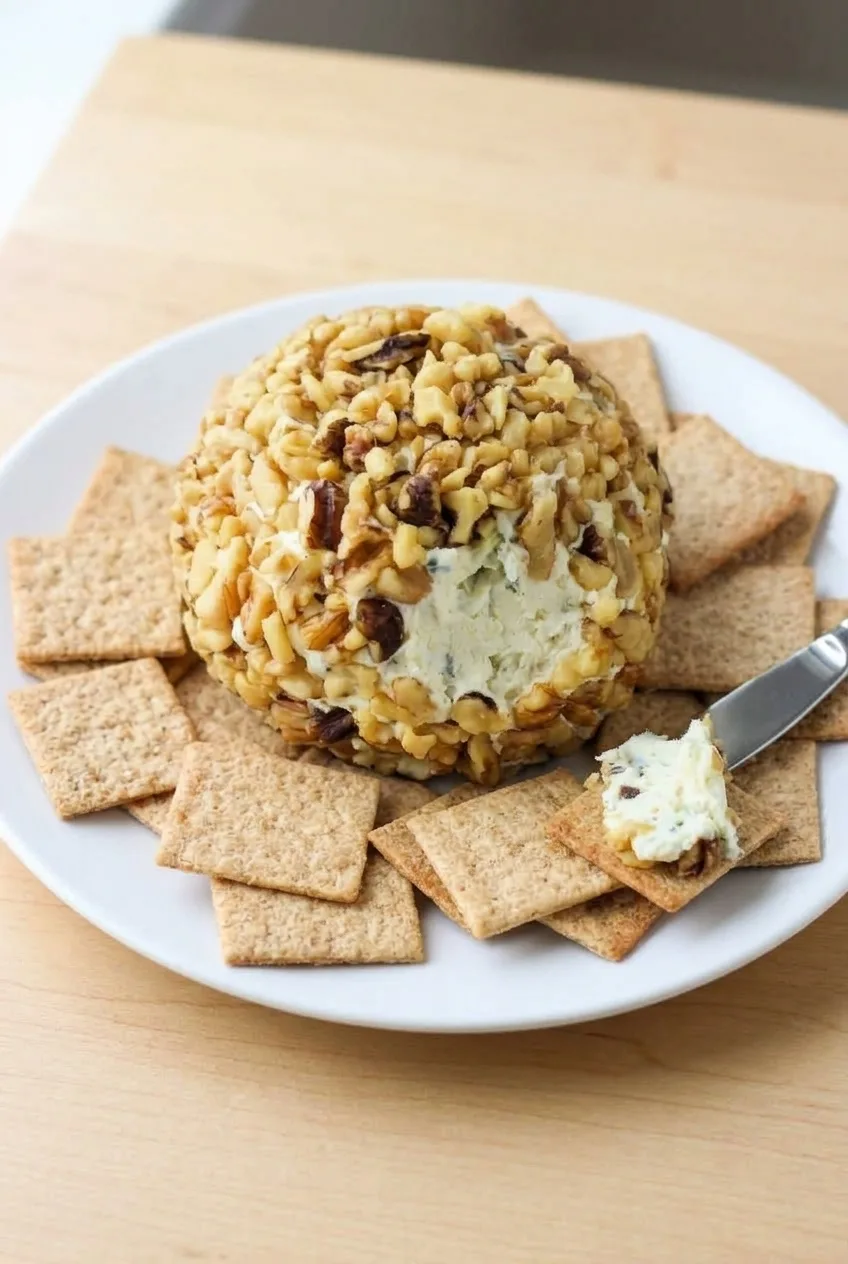 Full plate of caramelized onion cheese ball, square crackers, and a spreading knife