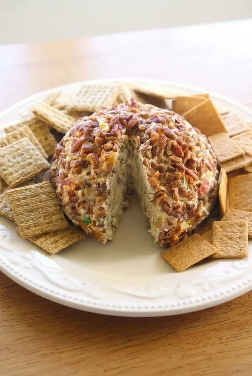 Full platter of Hawaiian cheese ball with an exposed wedge and crackers on a light table