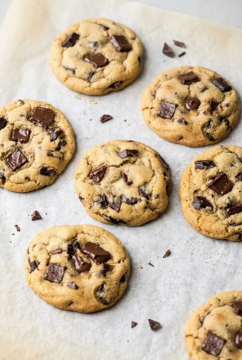 Several golden chocolate chip cookies loosely arranged on pale parchment