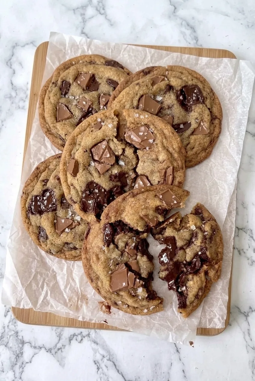 Overlapping brown butter chocolate chip cookies on parchment over a wooden board