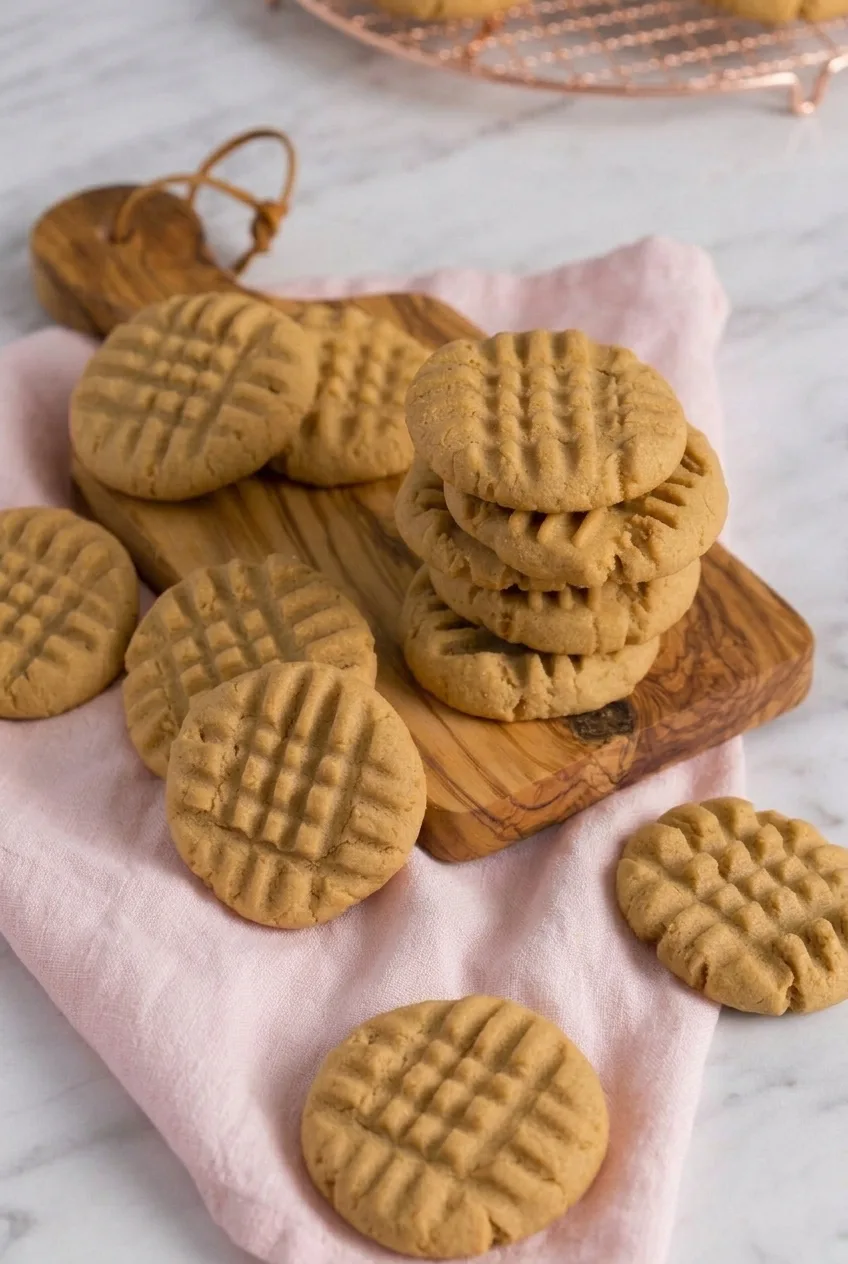 Wider view of stacked and loose peanut butter cookies on a wooden board and soft cloth