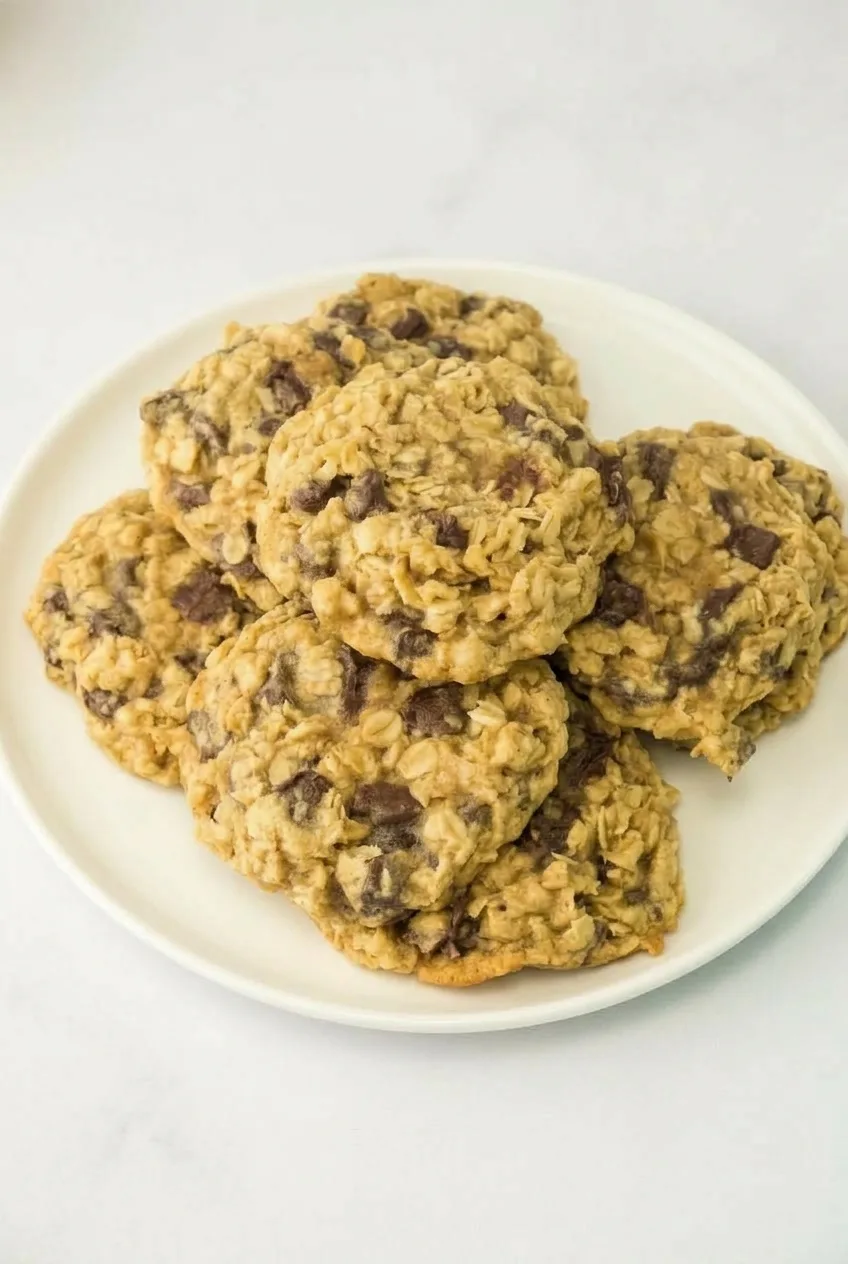 Full white plate of thick oatmeal chocolate chip cookies on a pale tabletop