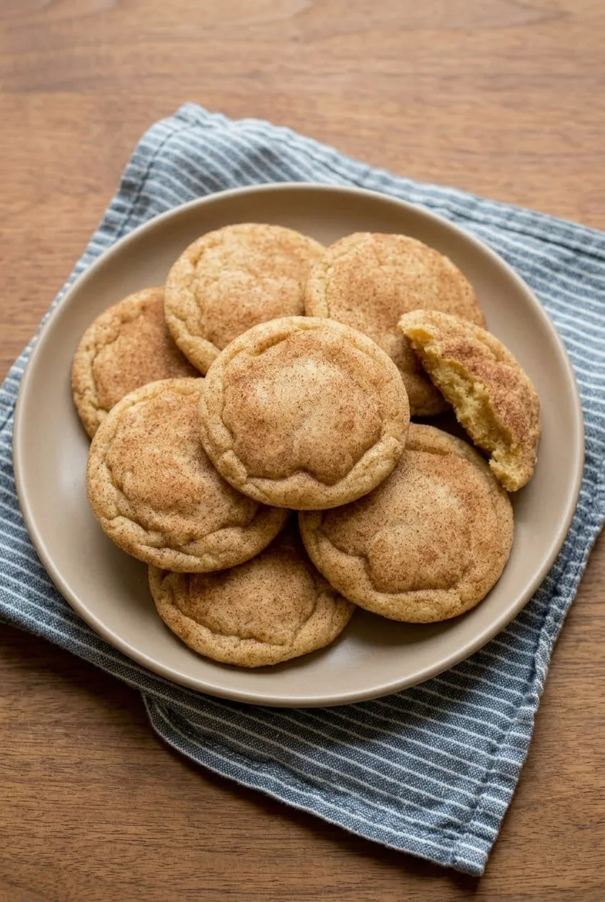 Wider view of a full plate of pale-golden snickerdoodle cookies on a striped cloth and wooden table