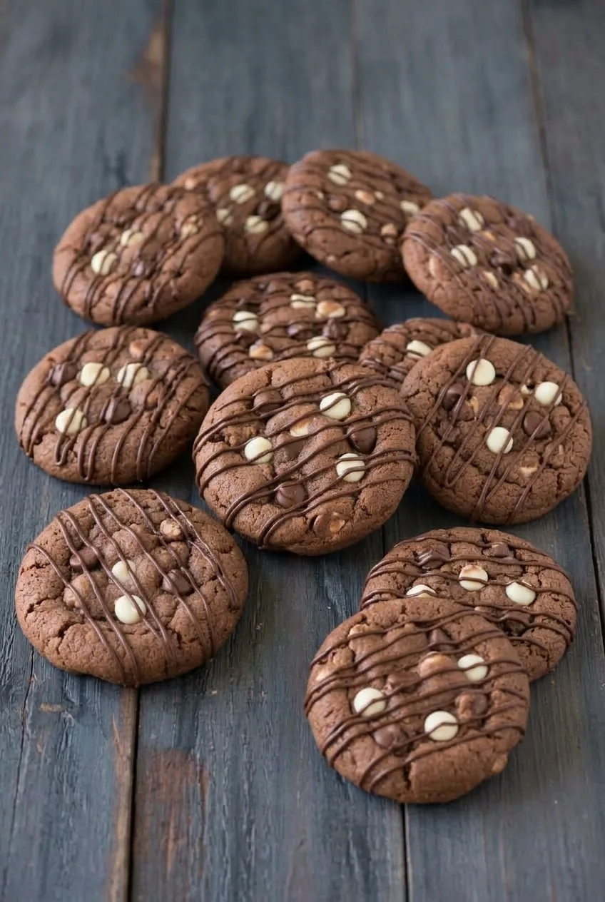 Wider view of a serving of round double chocolate cookies with mixed chips and chocolate drizzle