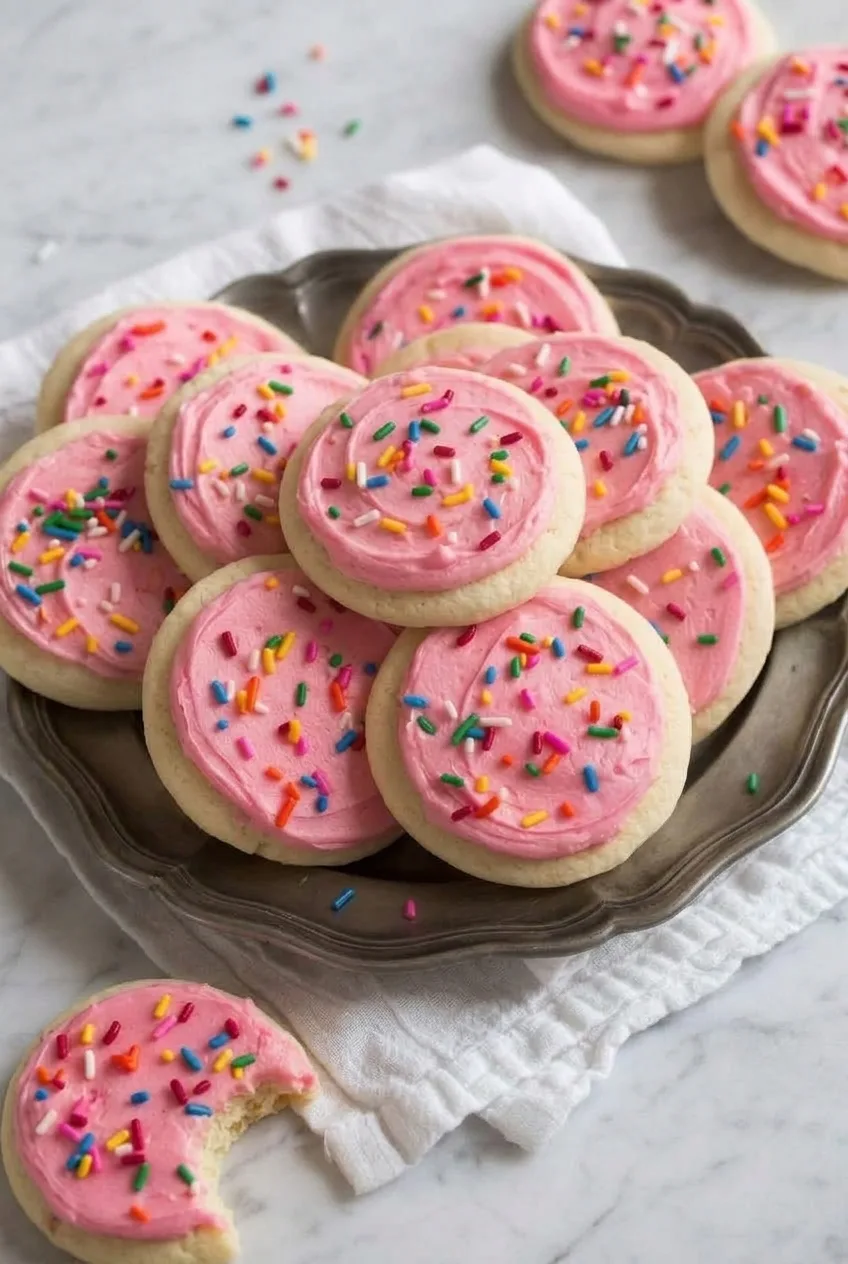Full plate of pink-frosted sugar cookies with rainbow sprinkles on a light stone surface