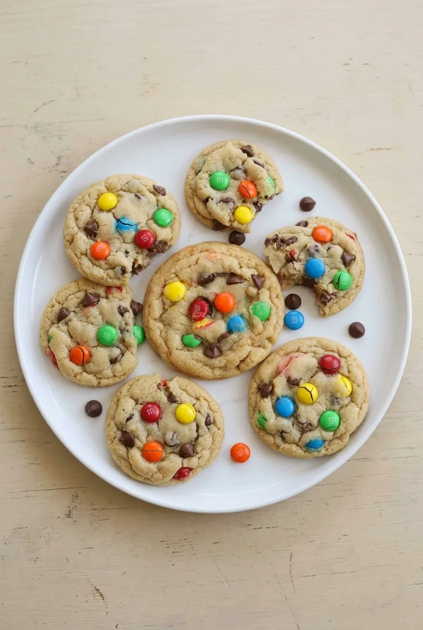 Several large M&M cookies with colorful candies and chocolate chips arranged on a white plate